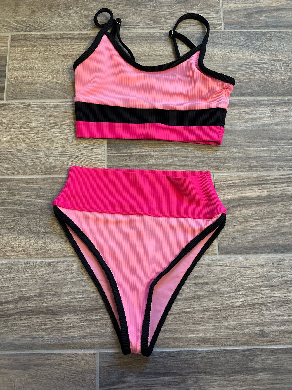 Beach Riot Pink & Hot Pink High-Waist Two-Tone Bikini Set with Black Trim